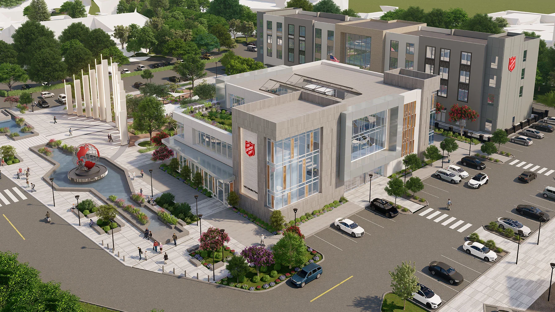 A digital rendering of a modern social services campus in Orange County, designed by KARDENT Architecture Firm.